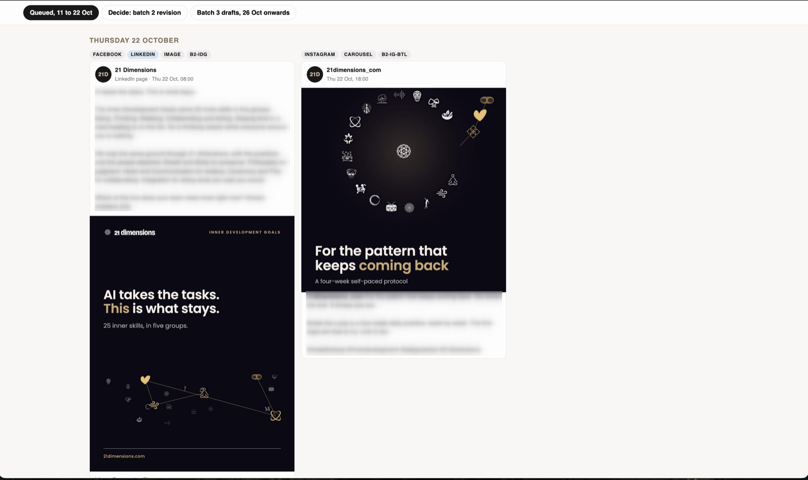Preview of planned LinkedIn and Instagram posts with channel, time and image. The text is blurred