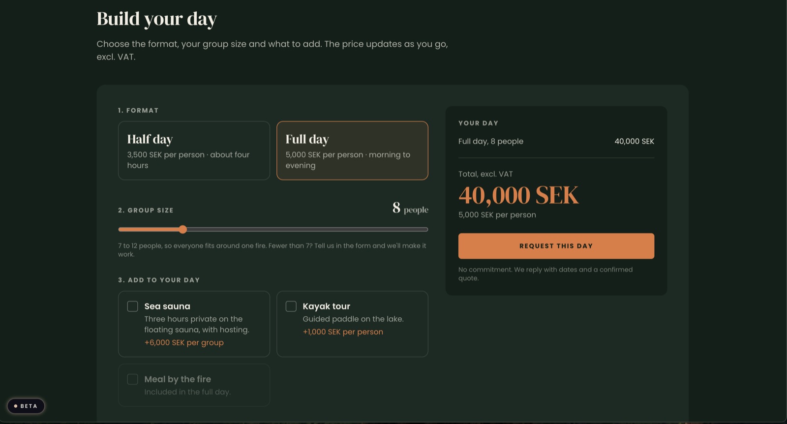 Booking view where you choose half or full day, group size and add-ons and watch the price update