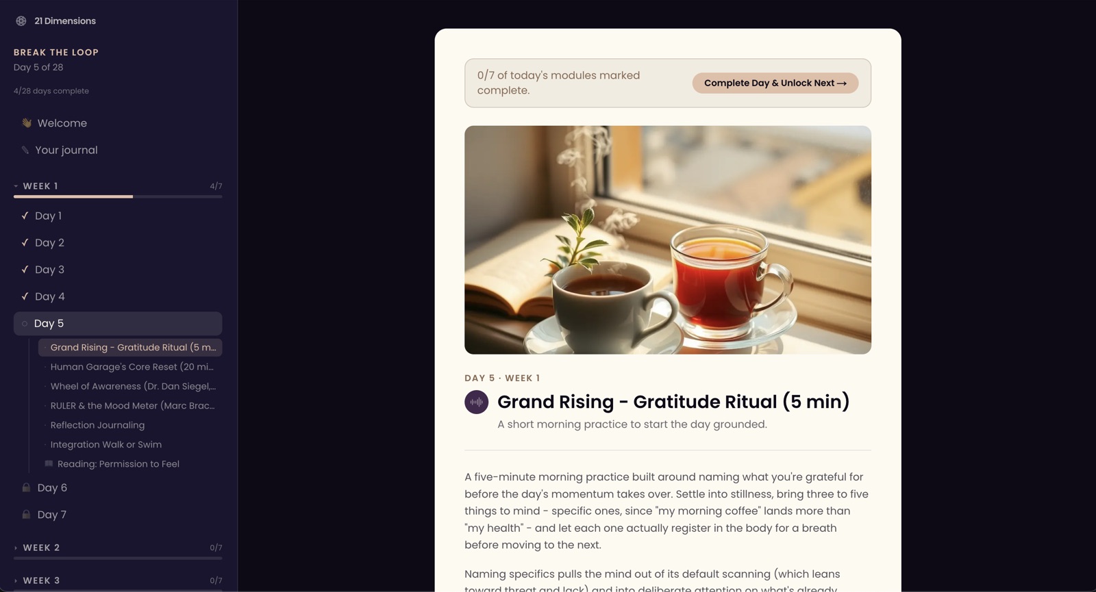 A 28-day program with daily modules, a journal and days that unlock