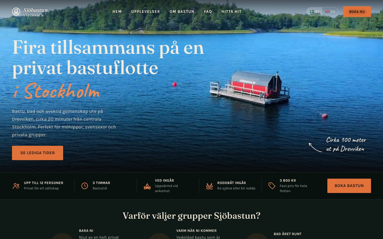 Website for a private sauna raft in Stockholm