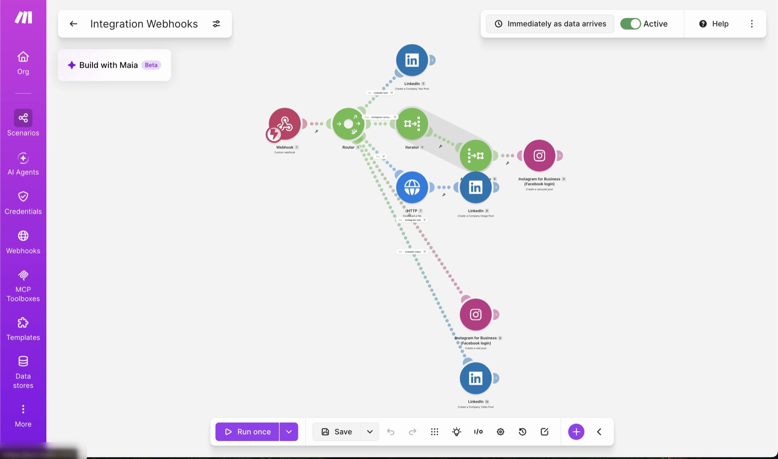 An automated flow that receives a post and publishes it to LinkedIn and Instagram